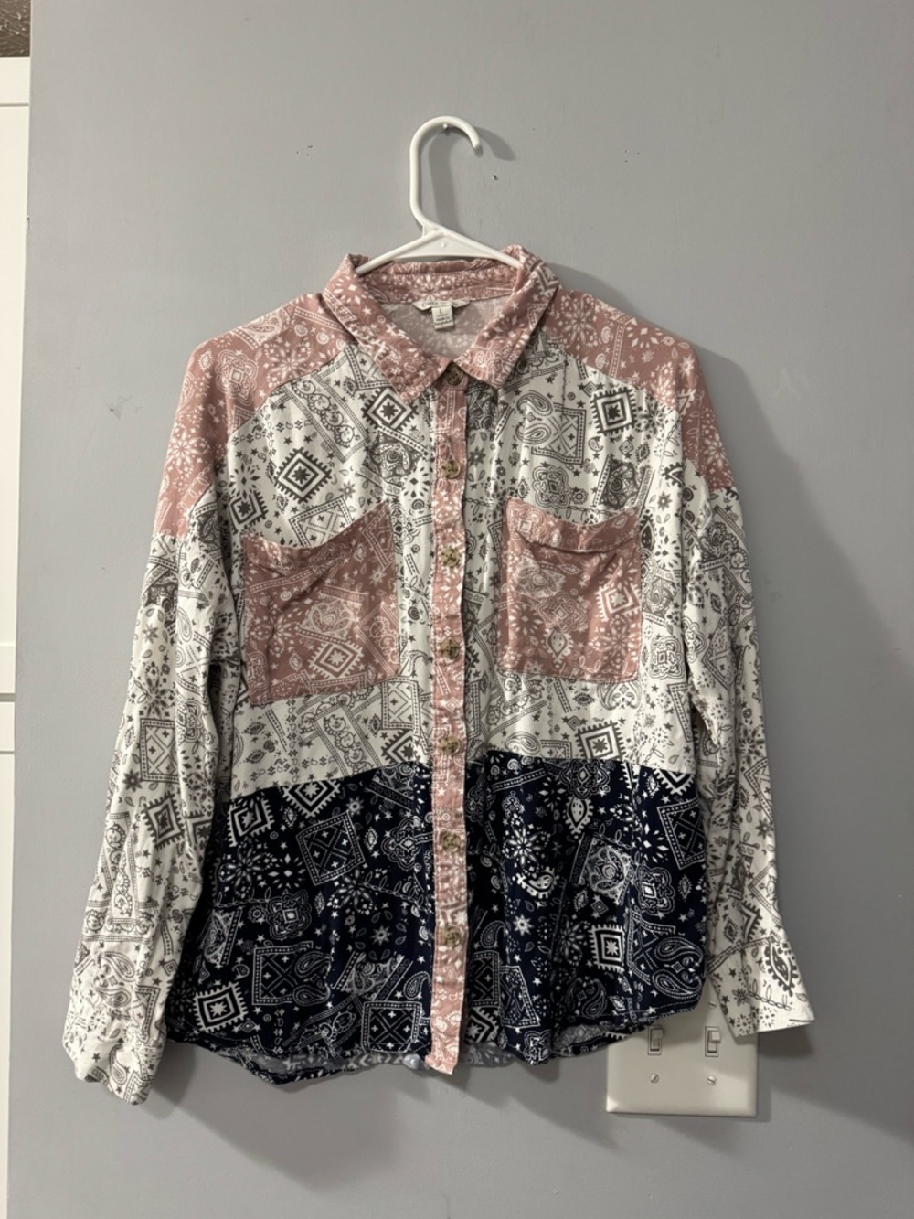 Patchwork Bandana Button-Down Shirt - Pink, White, Navy